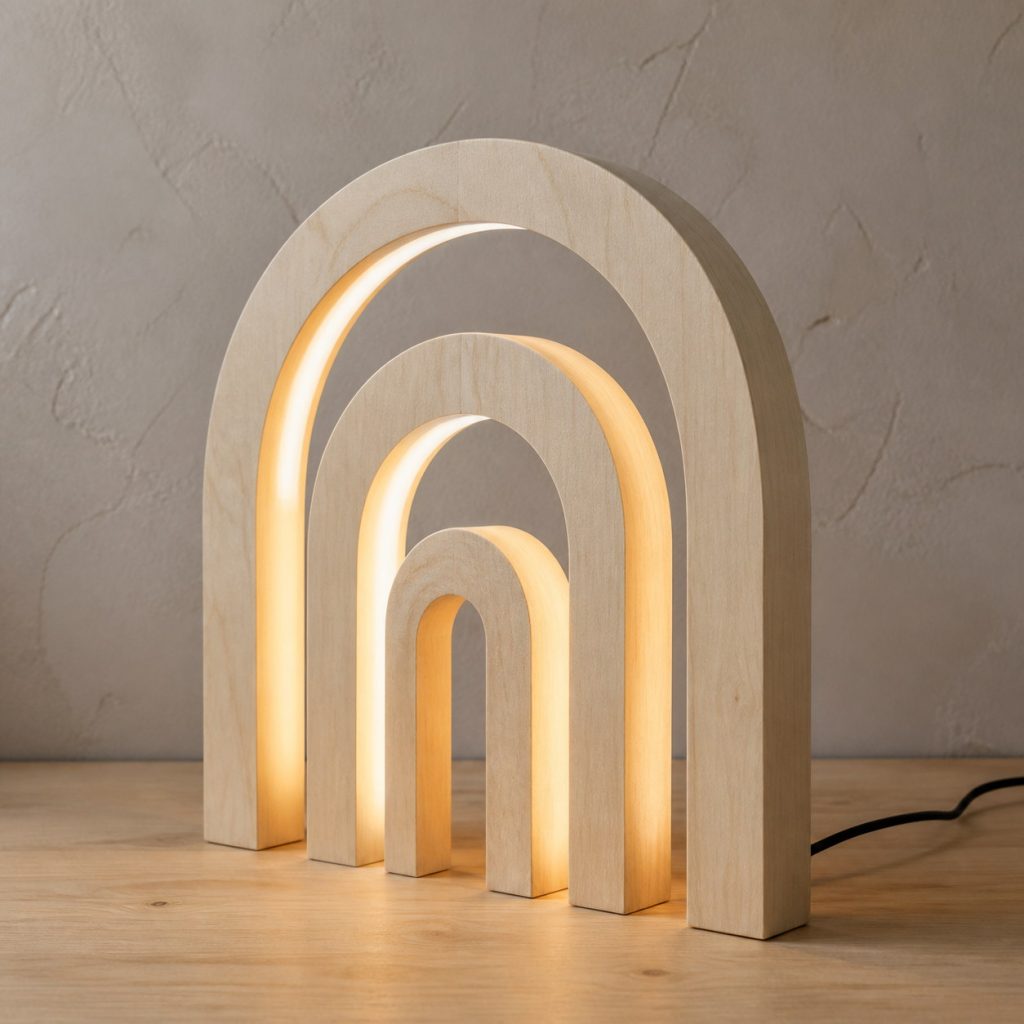 Holly Wood Nested-Arch Lamp shown as an original square photorealistic holly wood lamp with natural natural ivory-white with fine subtle grain grain, distinctive construction, and warm diffused light