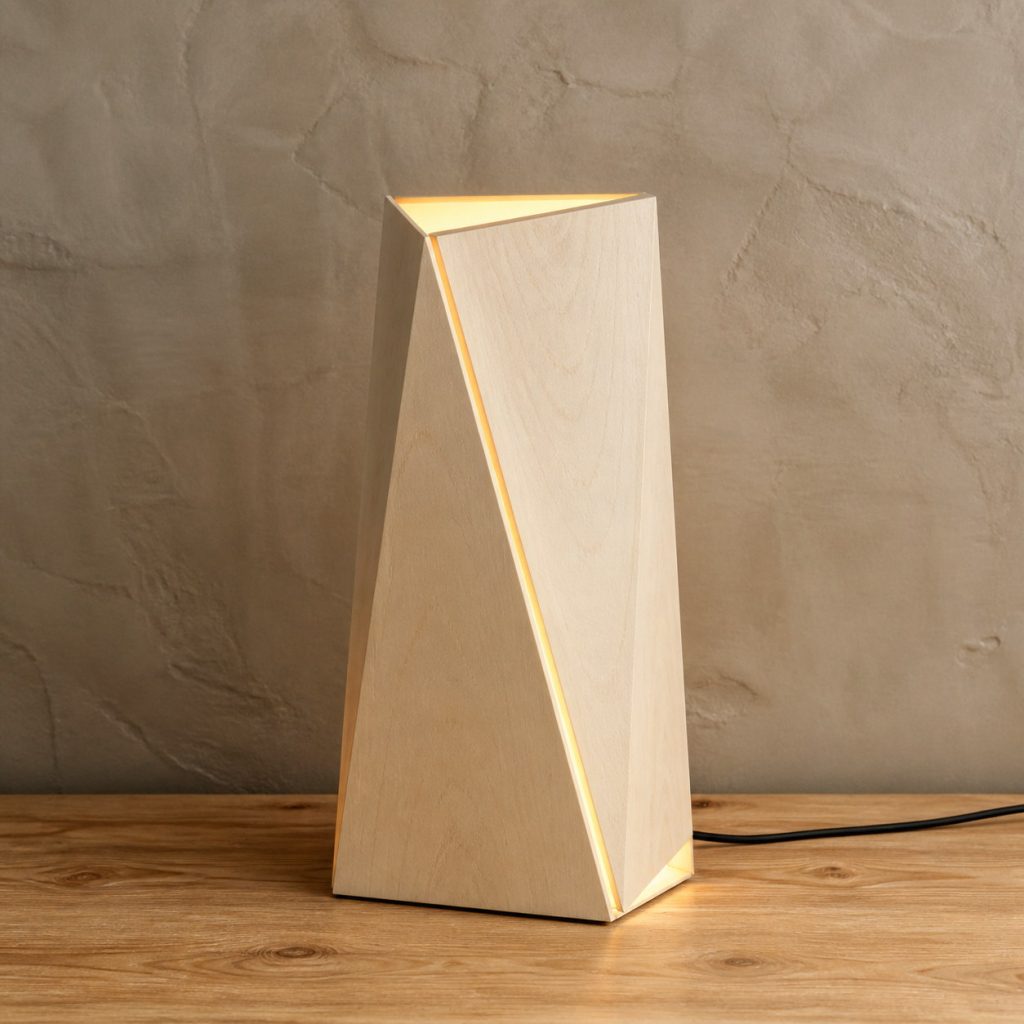 Holly Wood Faceted-Prism Lamp shown as an original square photorealistic holly wood lamp with natural natural ivory-white with fine subtle grain grain, distinctive construction, and warm diffused light