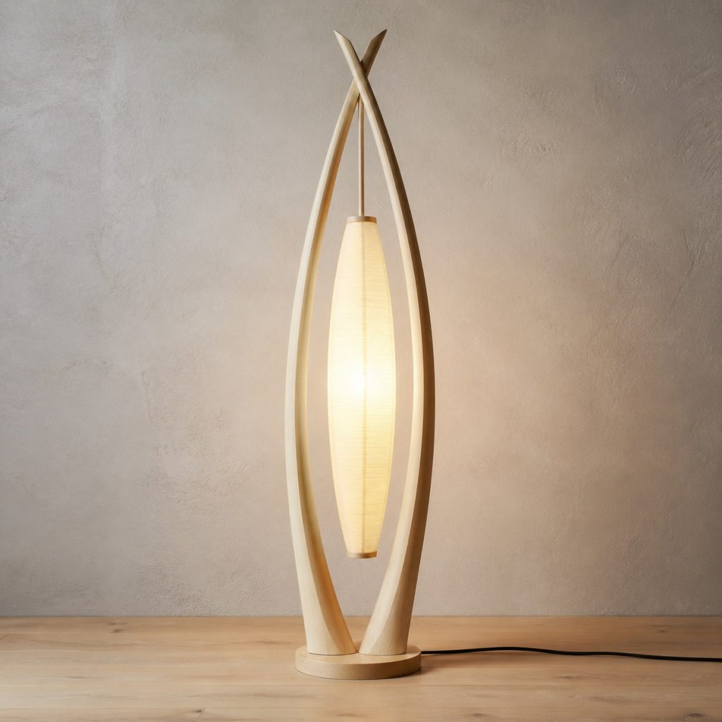 Holly Wood Harp Floor Lamp shown as an original square photorealistic holly wood lamp with natural natural ivory-white with fine subtle grain grain, distinctive construction, and warm diffused light