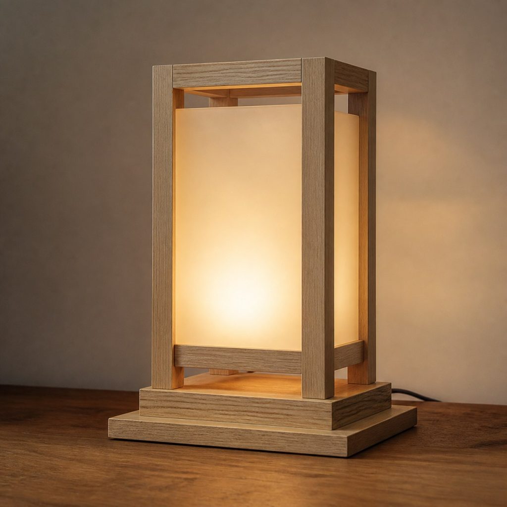 Hornbeam Frame Diffuser Table Lamp shown as an original square photorealistic hornbeam wood lamp with authentic grain, warm diffused light, and a short dark power cord