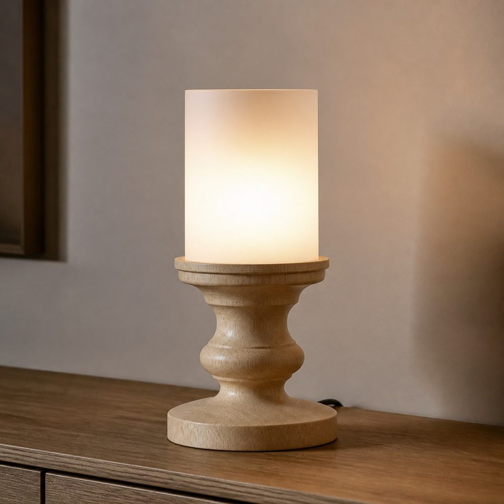 Hornbeam Turned Bedside Lamp shown as an original square photorealistic hornbeam wood lamp with authentic grain, warm diffused light, and a short dark power cord