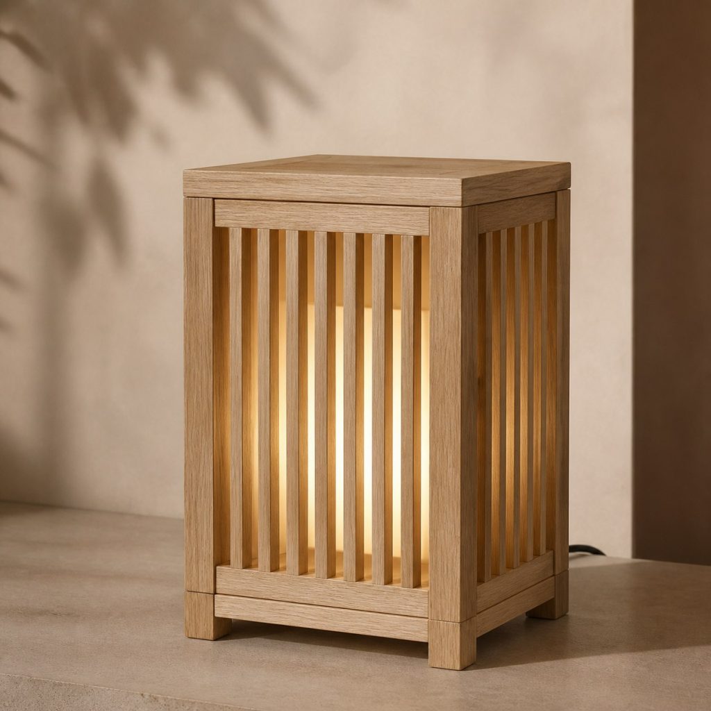 Hornbeam Slatted Lantern Lamp shown as an original square photorealistic hornbeam wood lamp with authentic grain, warm diffused light, and a short dark power cord