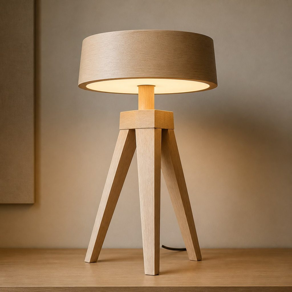 Hornbeam Tripod Reading Lamp shown as an original square photorealistic hornbeam wood lamp with authentic grain, warm diffused light, and a short dark power cord