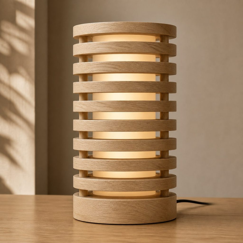 Hornbeam Stacked Ring Lamp shown as an original square photorealistic hornbeam wood lamp with authentic grain, warm diffused light, and a short dark power cord