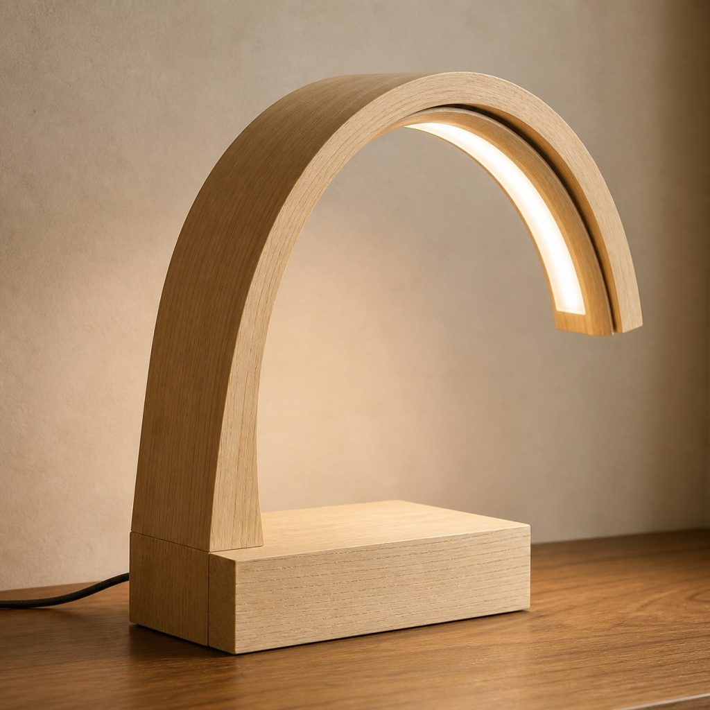 Hornbeam Laminated Arch Lamp shown as an original square photorealistic hornbeam wood lamp with authentic grain, warm diffused light, and a short dark power cord