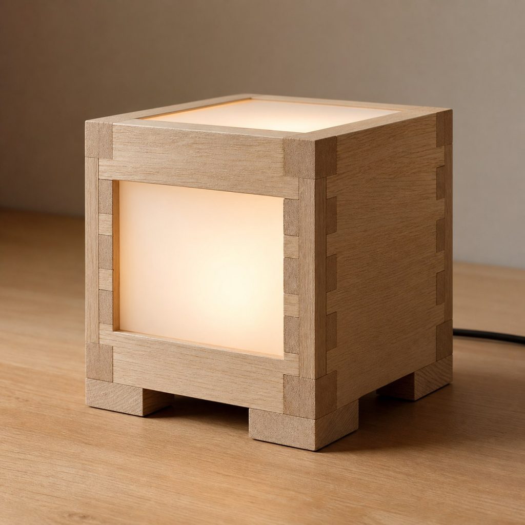 Hornbeam Box-Jointed Cube Lamp shown as an original square photorealistic hornbeam wood lamp with authentic grain, warm diffused light, and a short dark power cord