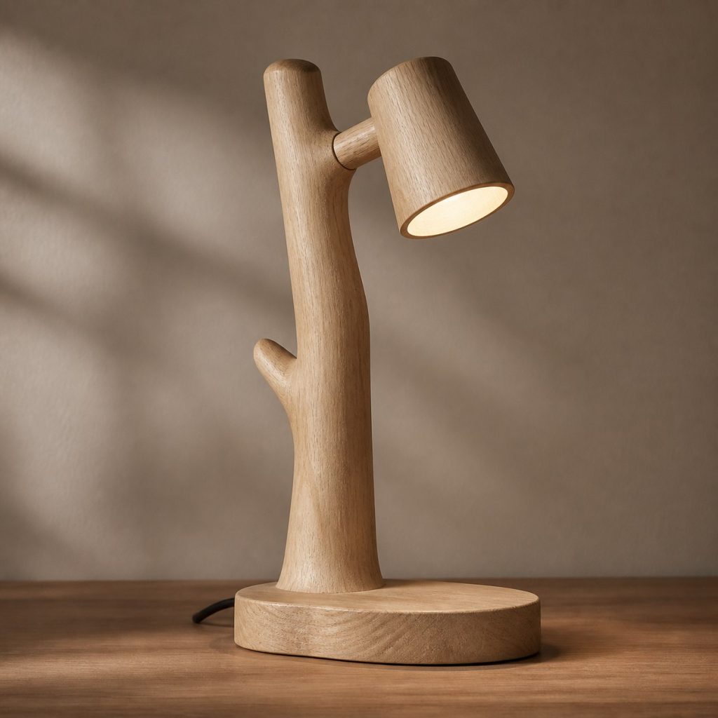 Hornbeam Branch Reading Lamp shown as an original square photorealistic hornbeam wood lamp with authentic grain, warm diffused light, and a short dark power cord