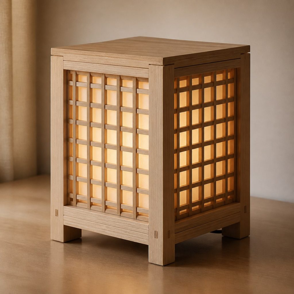 Hornbeam Lattice Lamp shown as an original square photorealistic hornbeam wood lamp with authentic grain, warm diffused light, and a short dark power cord