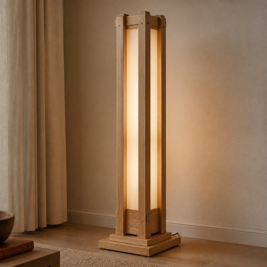 Hornbeam Column Floor Lamp shown as an original square photorealistic hornbeam wood lamp with authentic grain, warm diffused light, and a short dark power cord