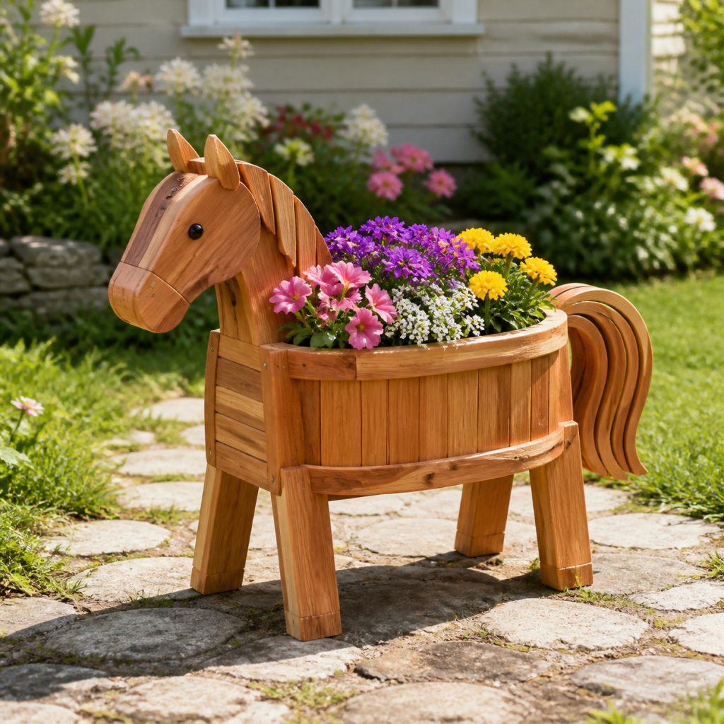 Compact Pony with Oval Planter shown as a square photorealistic cedar garden planter filled with cottage flowers