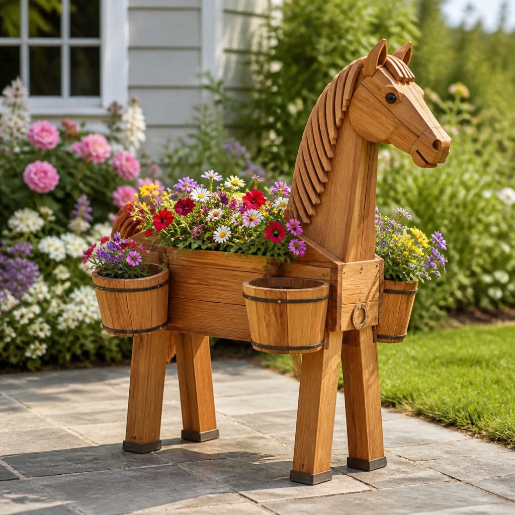 Mare with Saddlebag Flower Pots shown as a square photorealistic cedar garden planter filled with cottage flowers