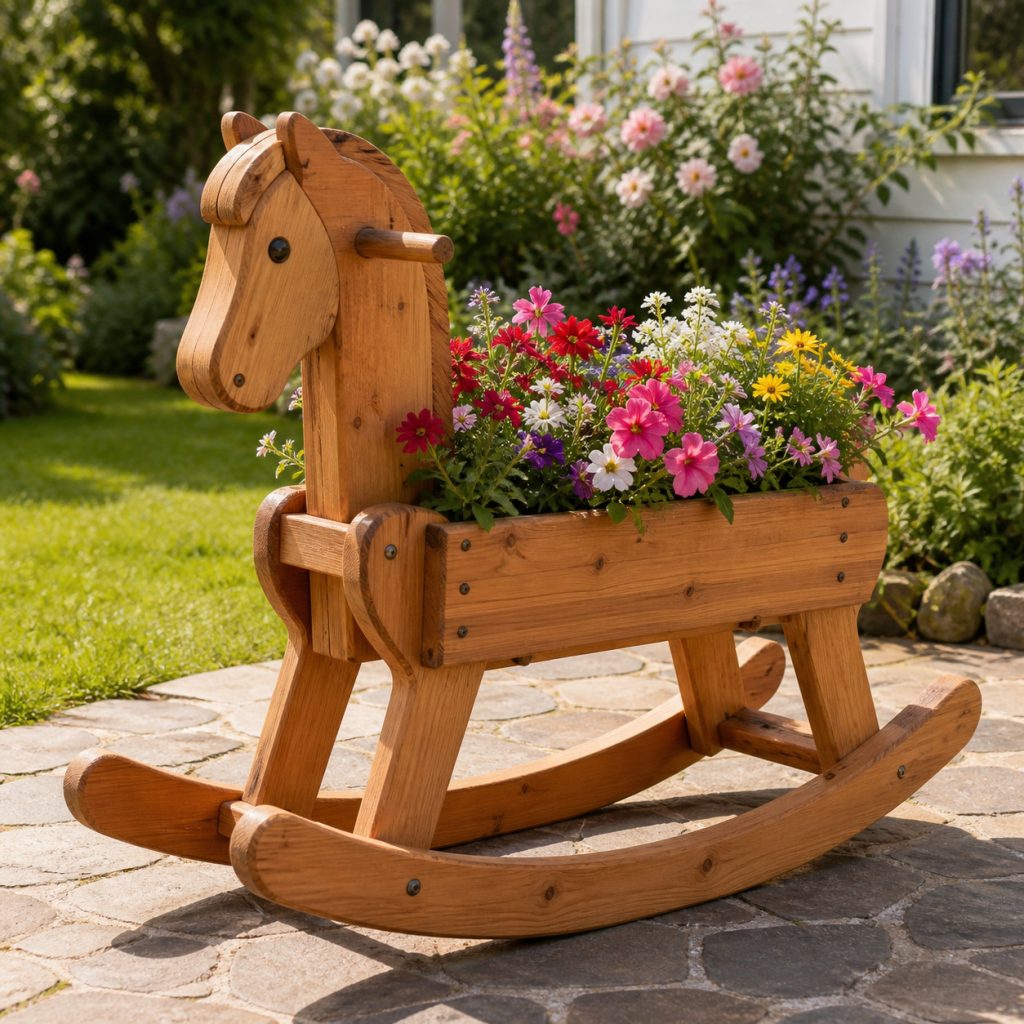 Rocking-Horse Garden Planter shown as a square photorealistic cedar garden planter filled with cottage flowers