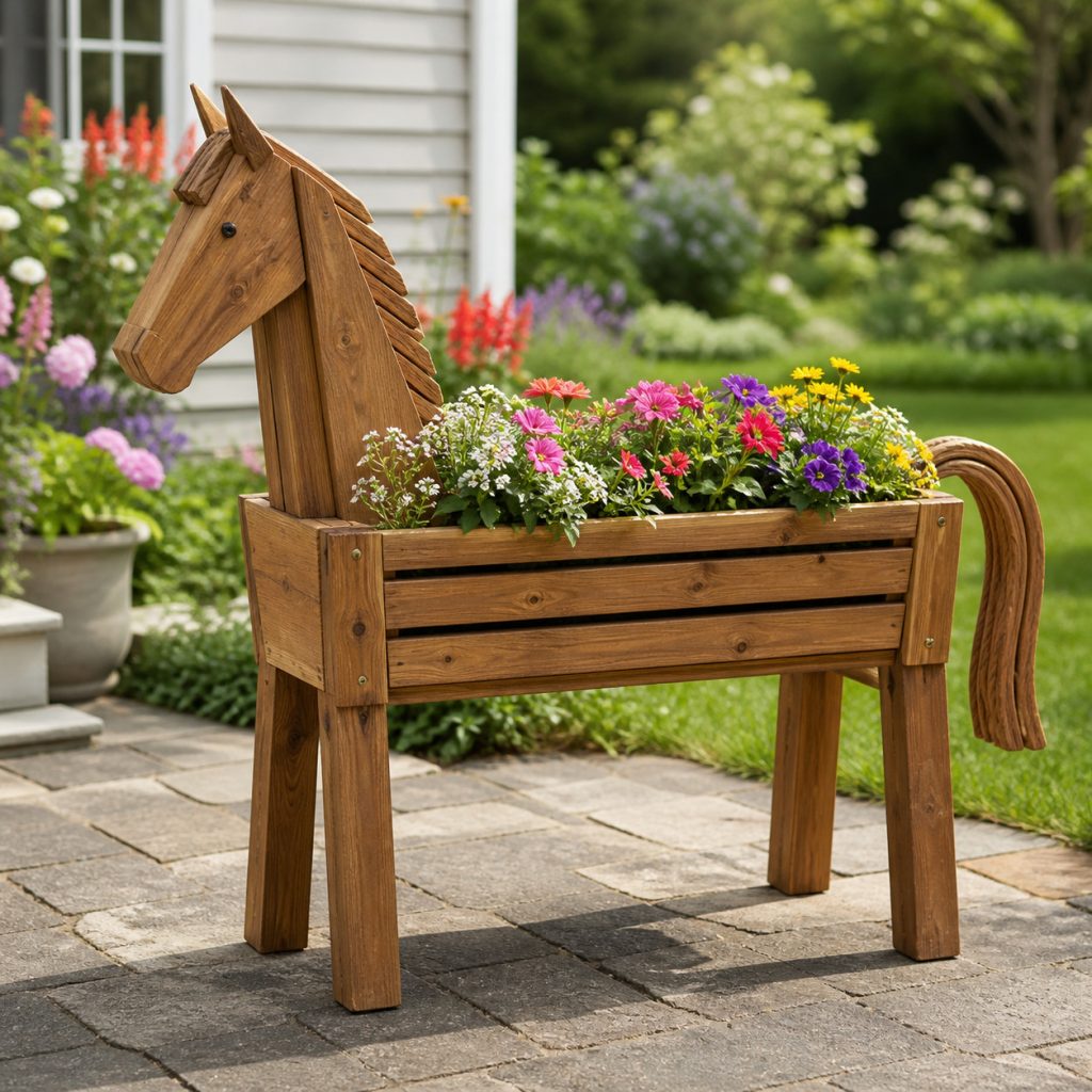 Rustic Ranch Slat Horse shown as a square photorealistic cedar garden planter filled with cottage flowers