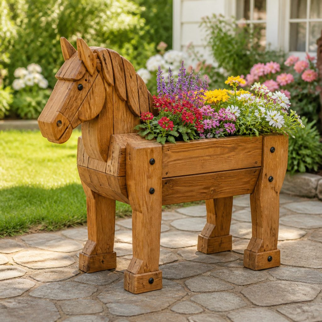 Chunky Draft-Horse Planter shown as a square photorealistic cedar garden planter filled with cottage flowers