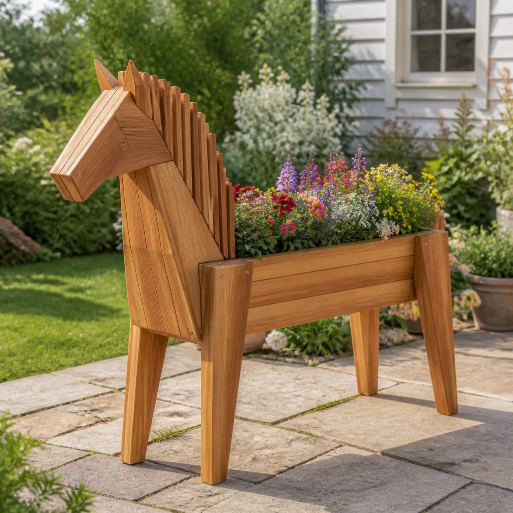 Modern Geometric Cedar Horse shown as a square photorealistic cedar garden planter filled with cottage flowers