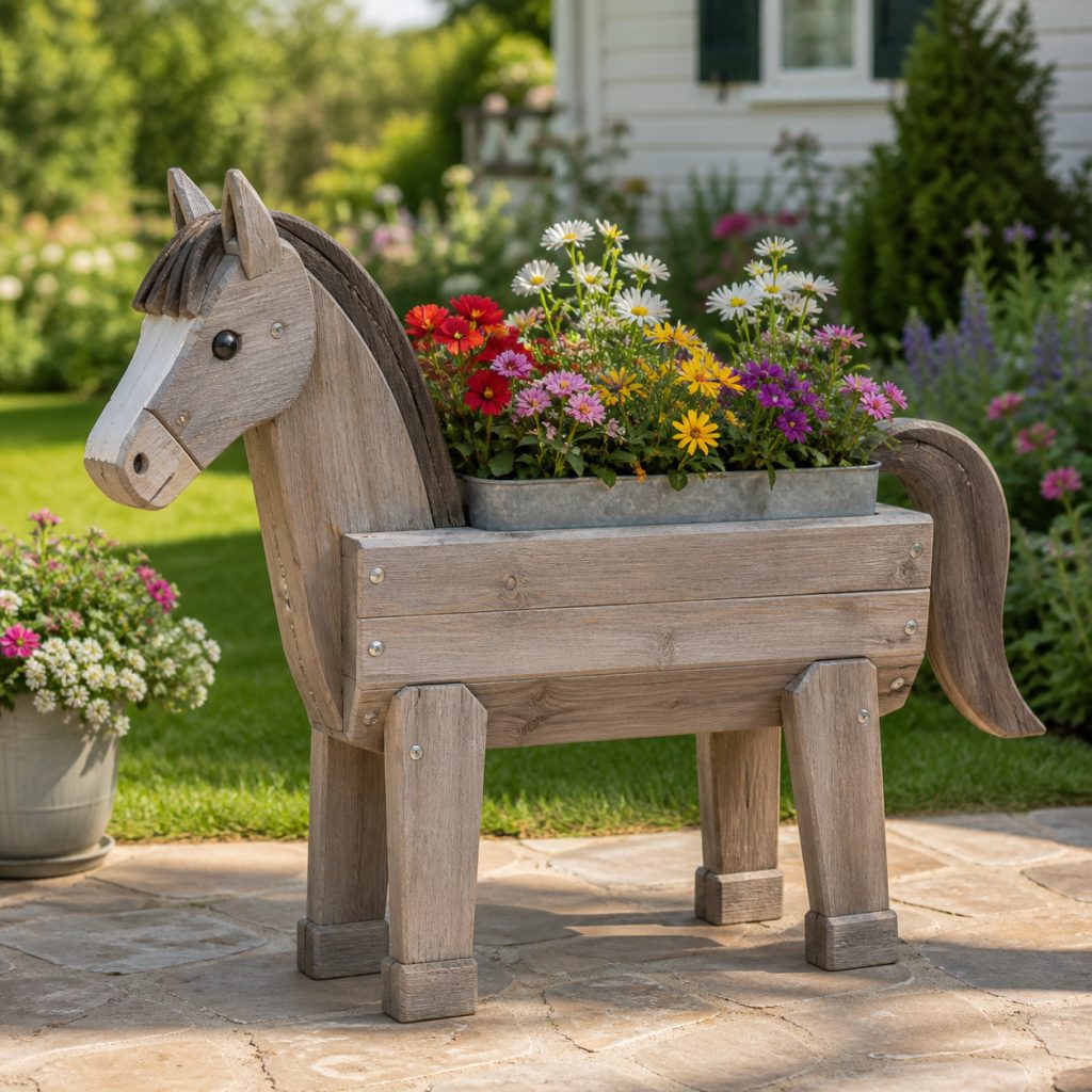 Weathered Farmhouse Pony shown as a square photorealistic cedar garden planter filled with cottage flowers