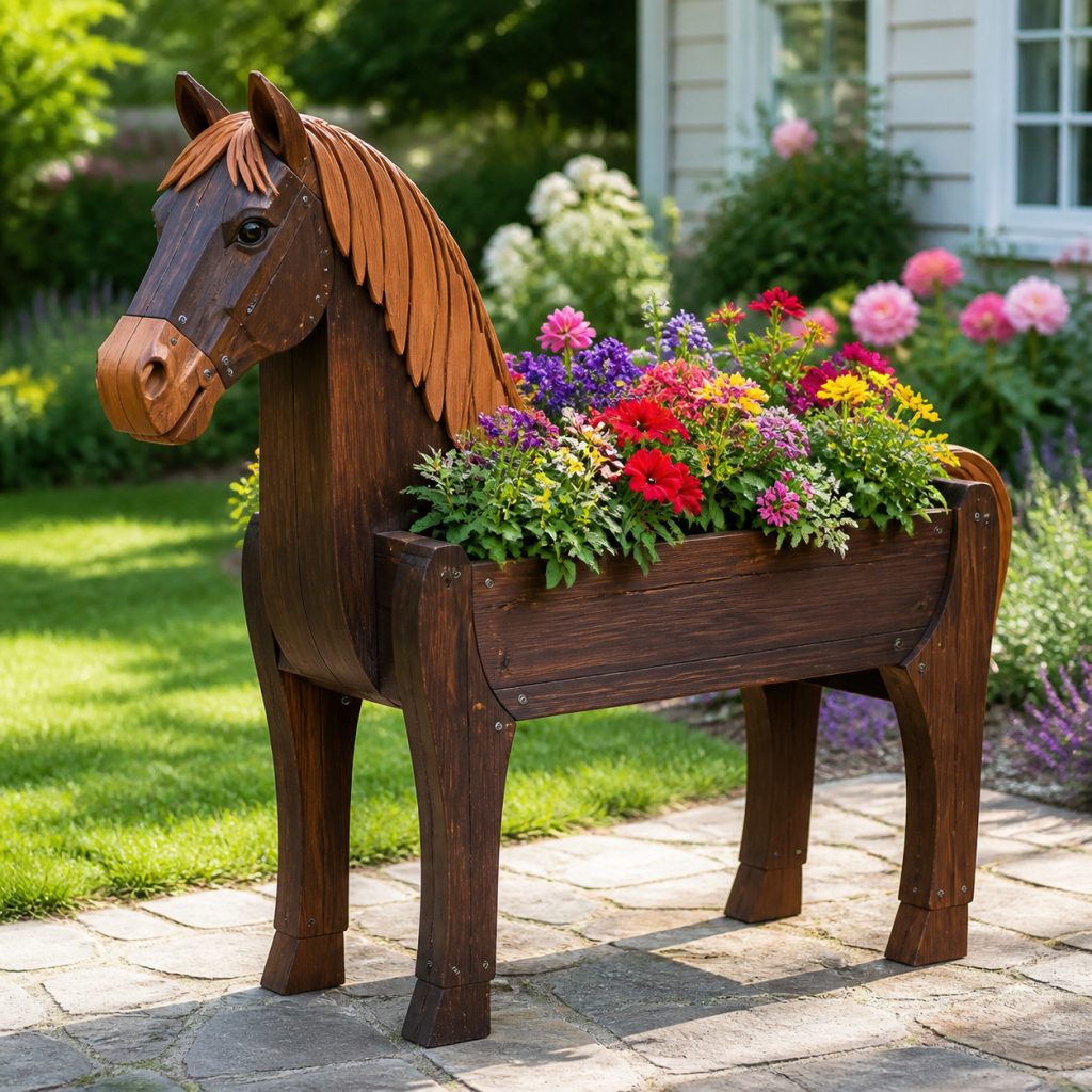 Two-Tone Dark-Stained Horse shown as a square photorealistic cedar garden planter filled with cottage flowers