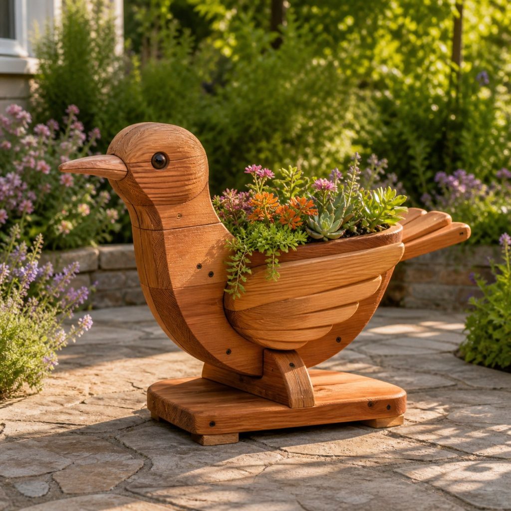 Compact Succulent Hummingbird shown as a square photorealistic cedar hummingbird-shaped garden planter filled with flowers