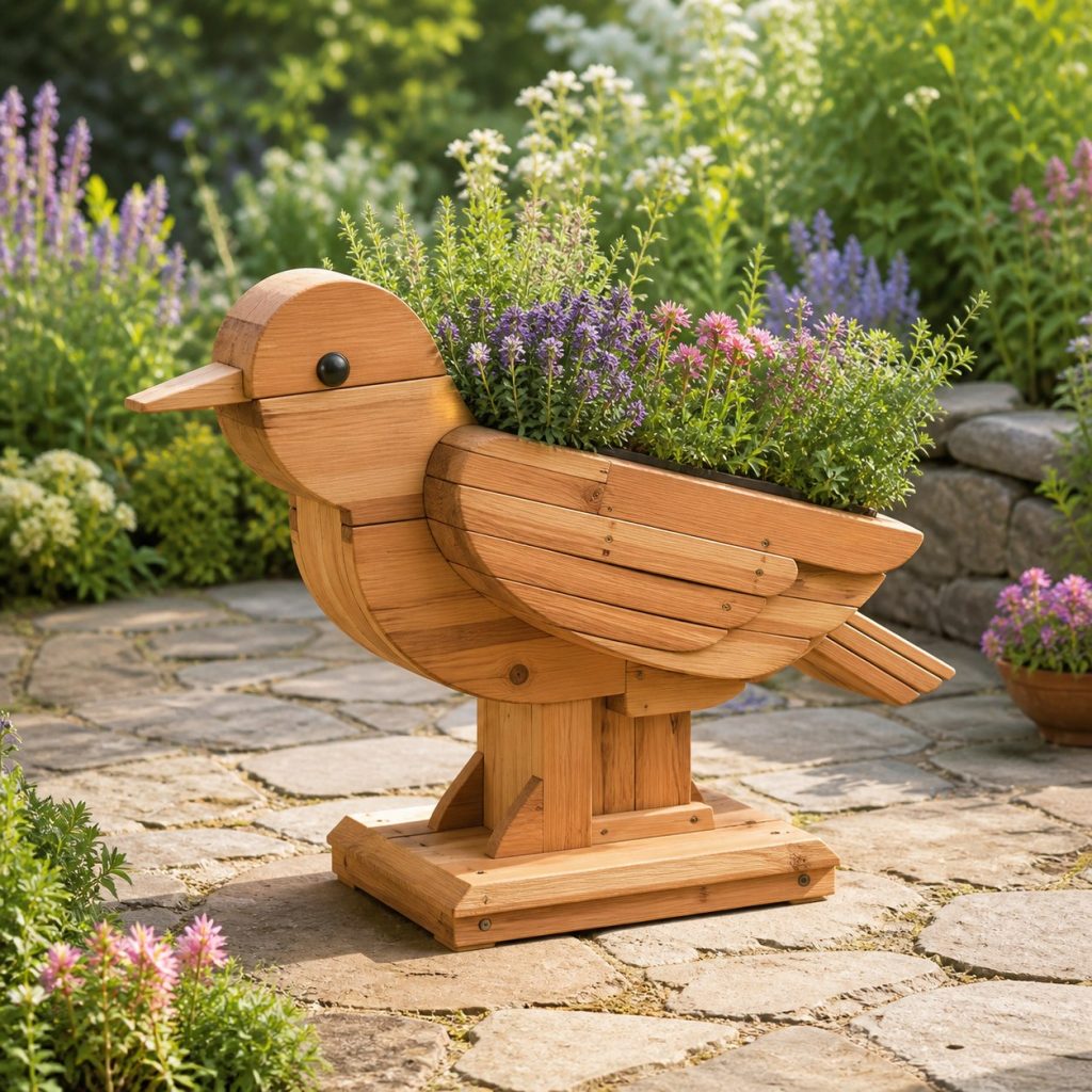 Slatted Herb-Trough Hummingbird shown as a square photorealistic cedar hummingbird-shaped garden planter filled with flowers