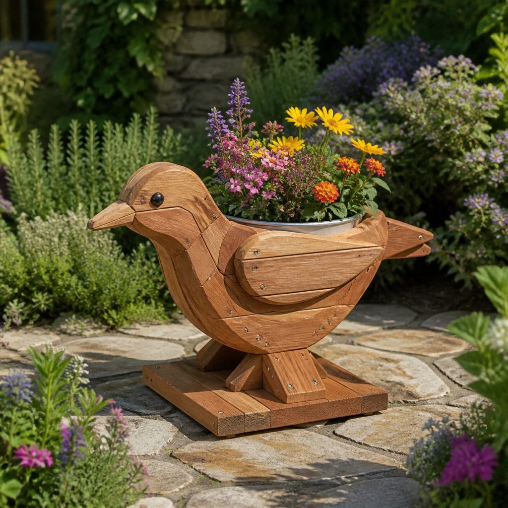 Hummingbird with Galvanized Liner shown as a square photorealistic cedar hummingbird-shaped garden planter filled with flowers