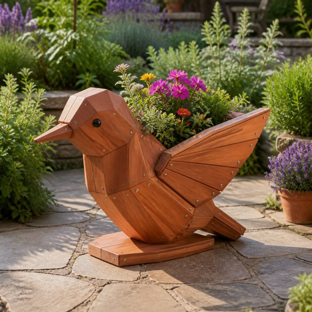 Modern Geometric Hummingbird shown as a square photorealistic cedar hummingbird-shaped garden planter filled with flowers