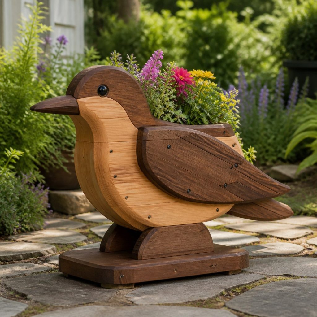 Two-Tone Cedar Hummingbird shown as a square photorealistic cedar hummingbird-shaped garden planter filled with flowers
