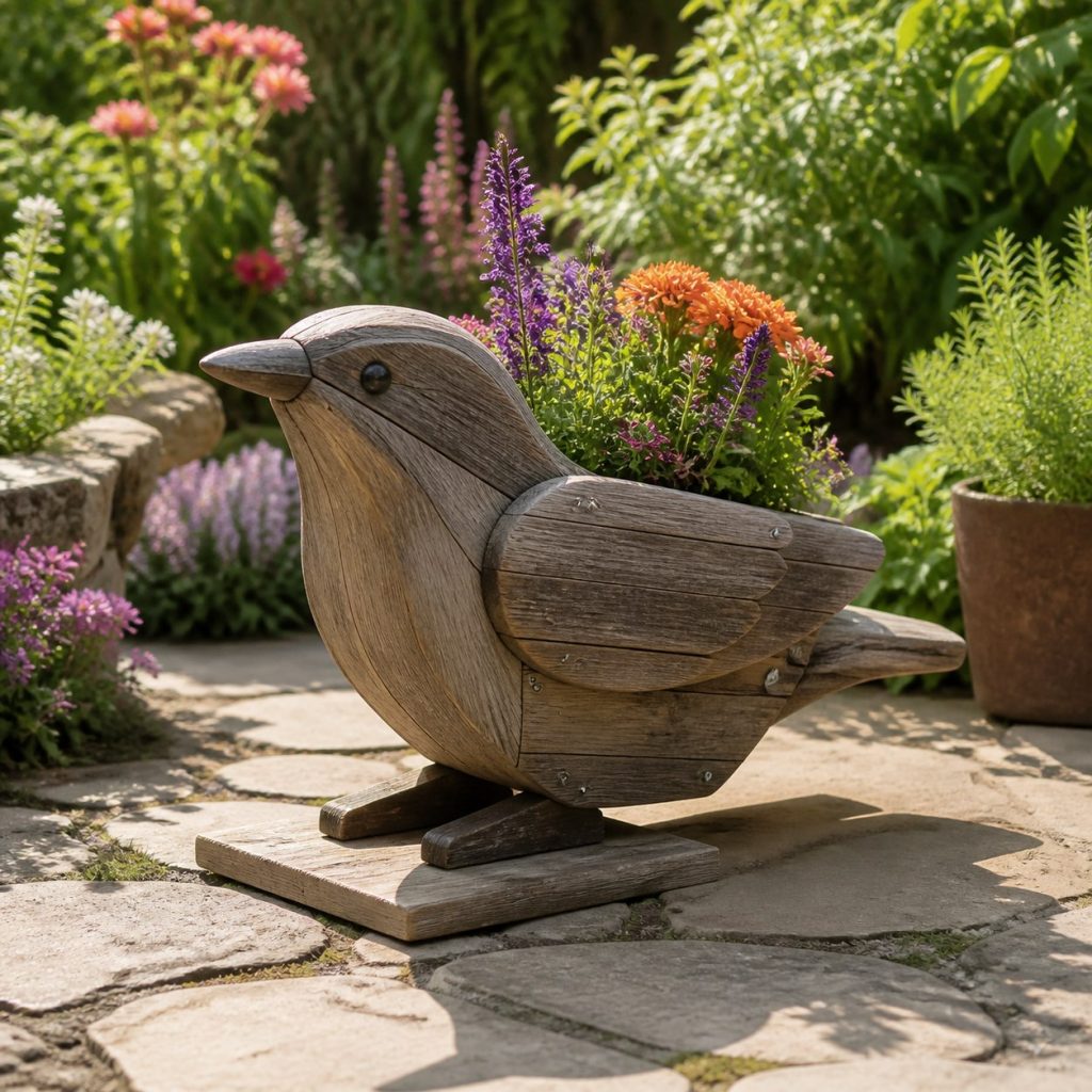 Weathered Cottage Hummingbird shown as a square photorealistic cedar hummingbird-shaped garden planter filled with flowers