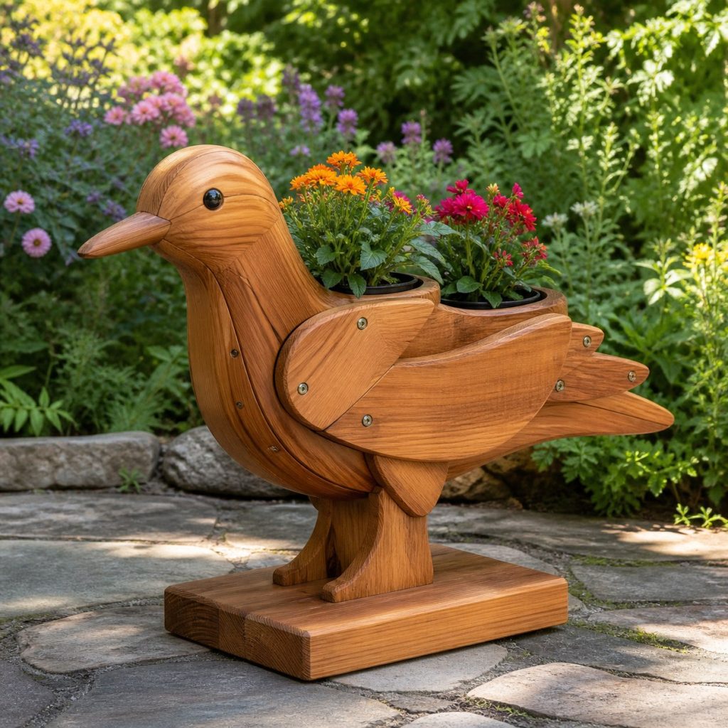 Hummingbird with Twin Flower Pots shown as a square photorealistic cedar hummingbird-shaped garden planter filled with flowers