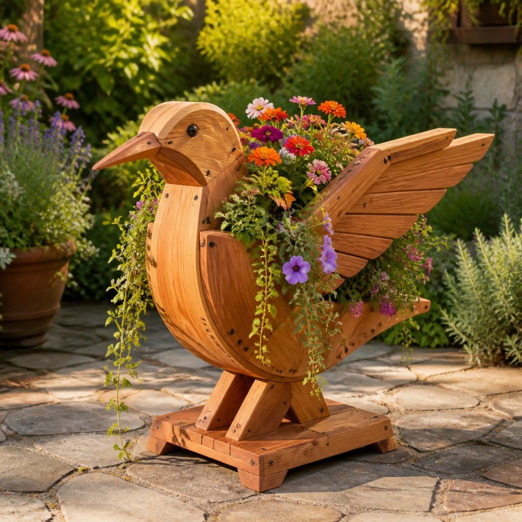 Trailing-Flower Hummingbird shown as a square photorealistic cedar hummingbird-shaped garden planter filled with flowers