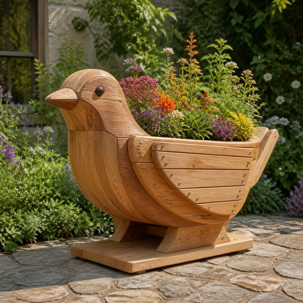 Large Grass-Filled Hummingbird shown as a square photorealistic cedar hummingbird-shaped garden planter filled with flowers