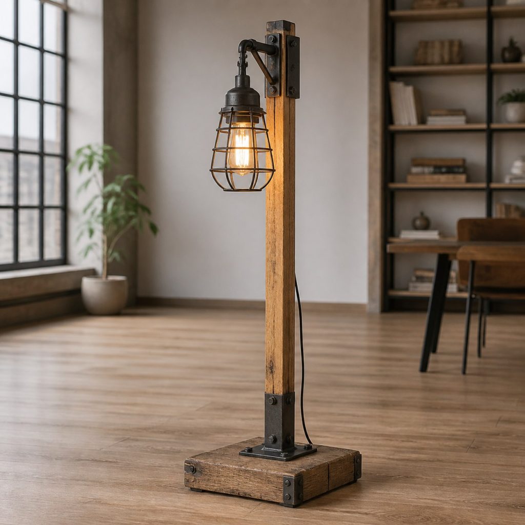 Reclaimed-Oak Steel-Cage Lamp shown as an original square photorealistic industrial wooden lamp with real wood grain, warm LED light, and physically plausible support