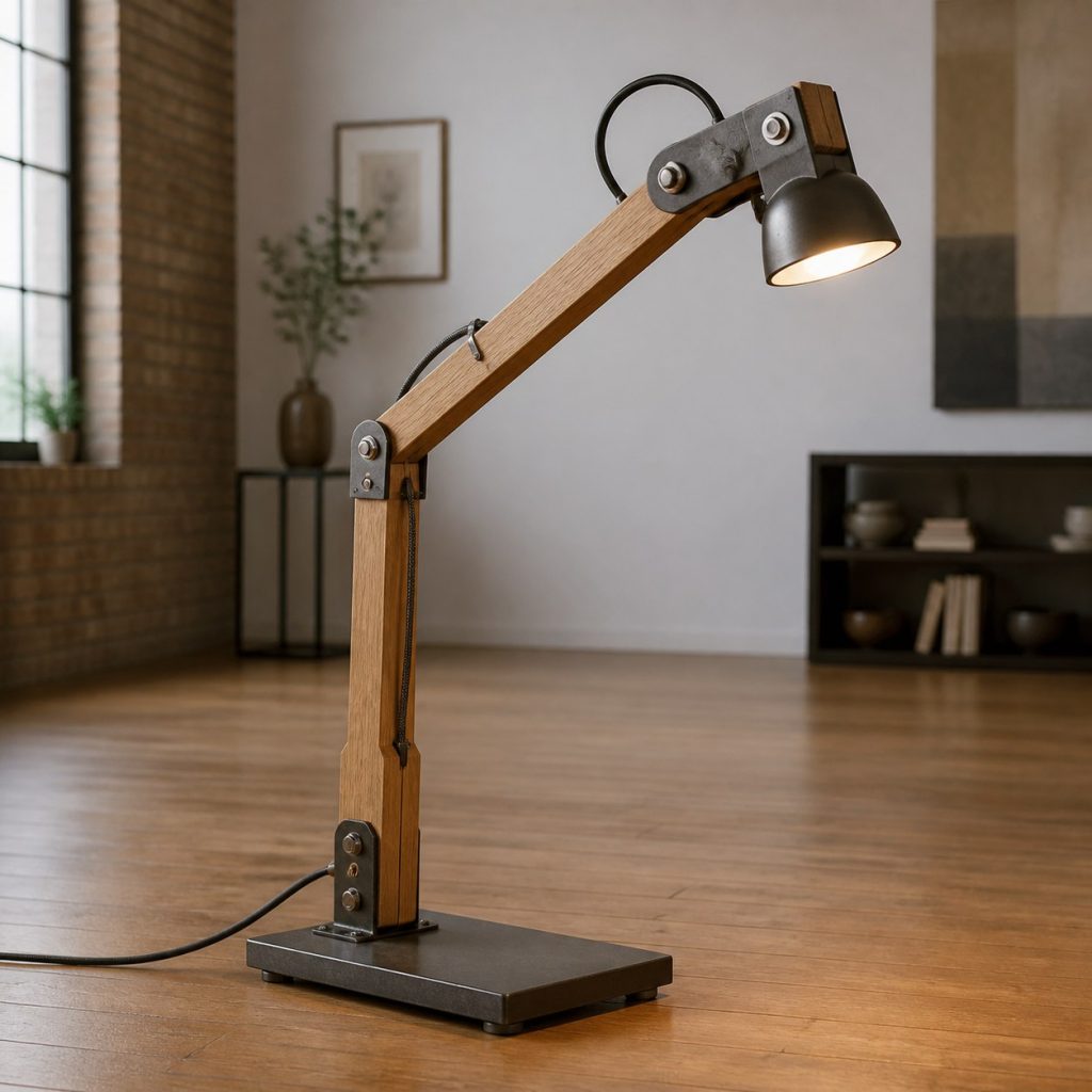 White-Oak Steel-Pivot Desk Lamp shown as an original square photorealistic industrial wooden lamp with real wood grain, warm LED light, and physically plausible support