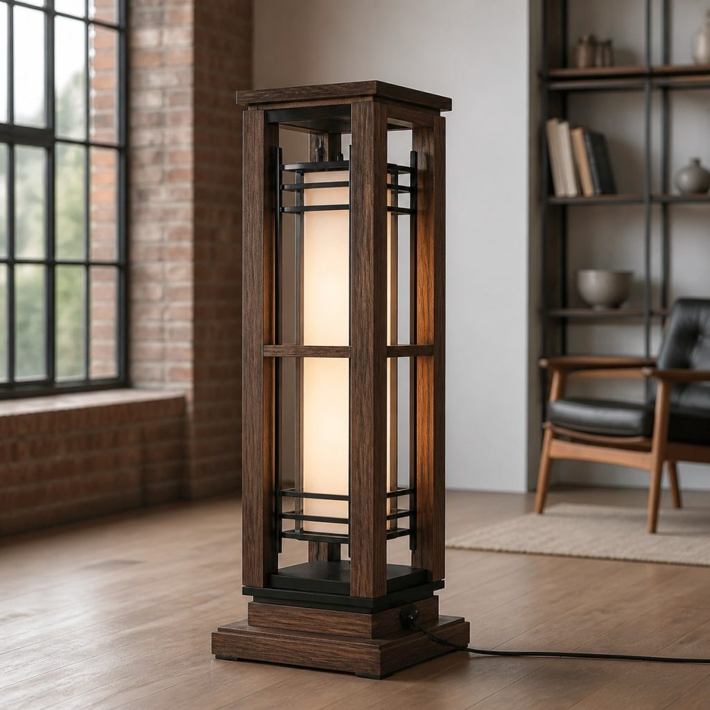 Dark-Ash Factory-Frame Lantern shown as an original square photorealistic industrial wooden lamp with real wood grain, warm LED light, and physically plausible support