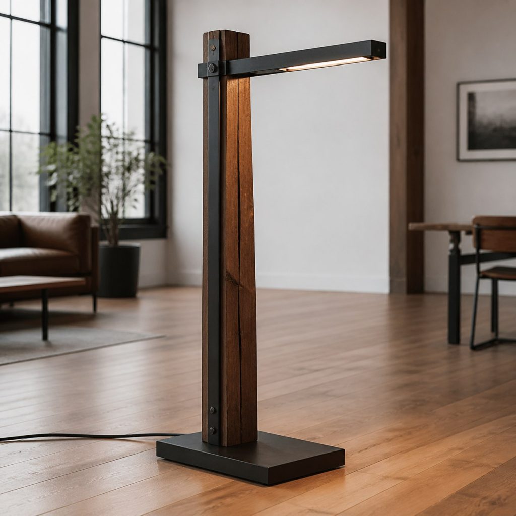 Walnut Beam Task-Bar Lamp shown as an original square photorealistic industrial wooden lamp with real wood grain, warm LED light, and physically plausible support