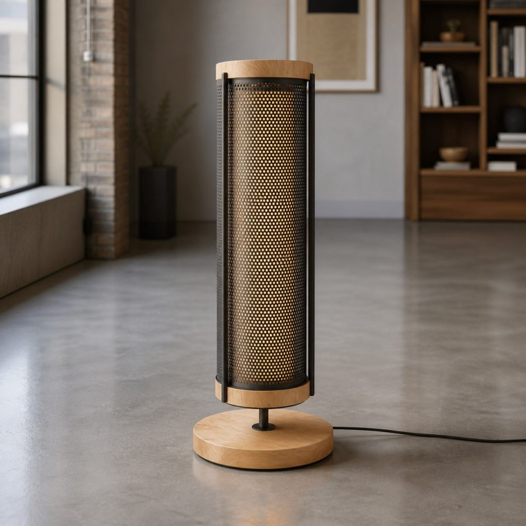 Maple Perforated-Metal Cylinder Lamp shown as an original square photorealistic industrial wooden lamp with real wood grain, warm LED light, and physically plausible support