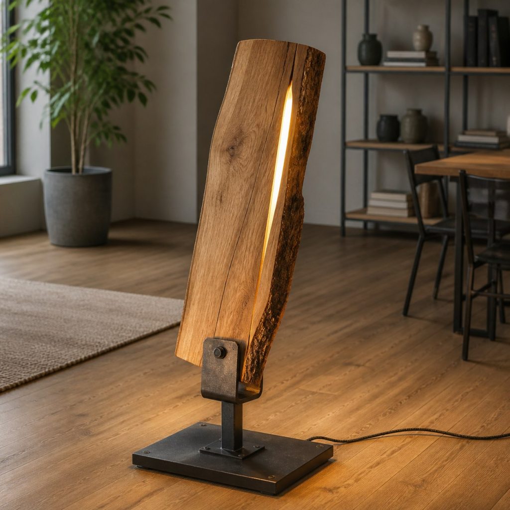 Live-Edge Oak Industrial Accent Lamp shown as an original square photorealistic industrial wooden lamp with real wood grain, warm LED light, and physically plausible support