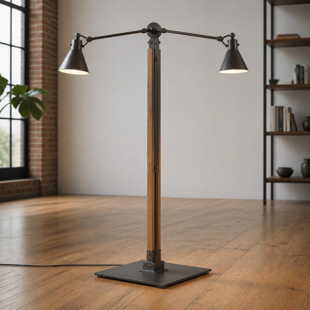 Two-Arm Industrial Reading Lamp shown as an original square photorealistic industrial wooden lamp with real wood grain, warm LED light, and physically plausible support