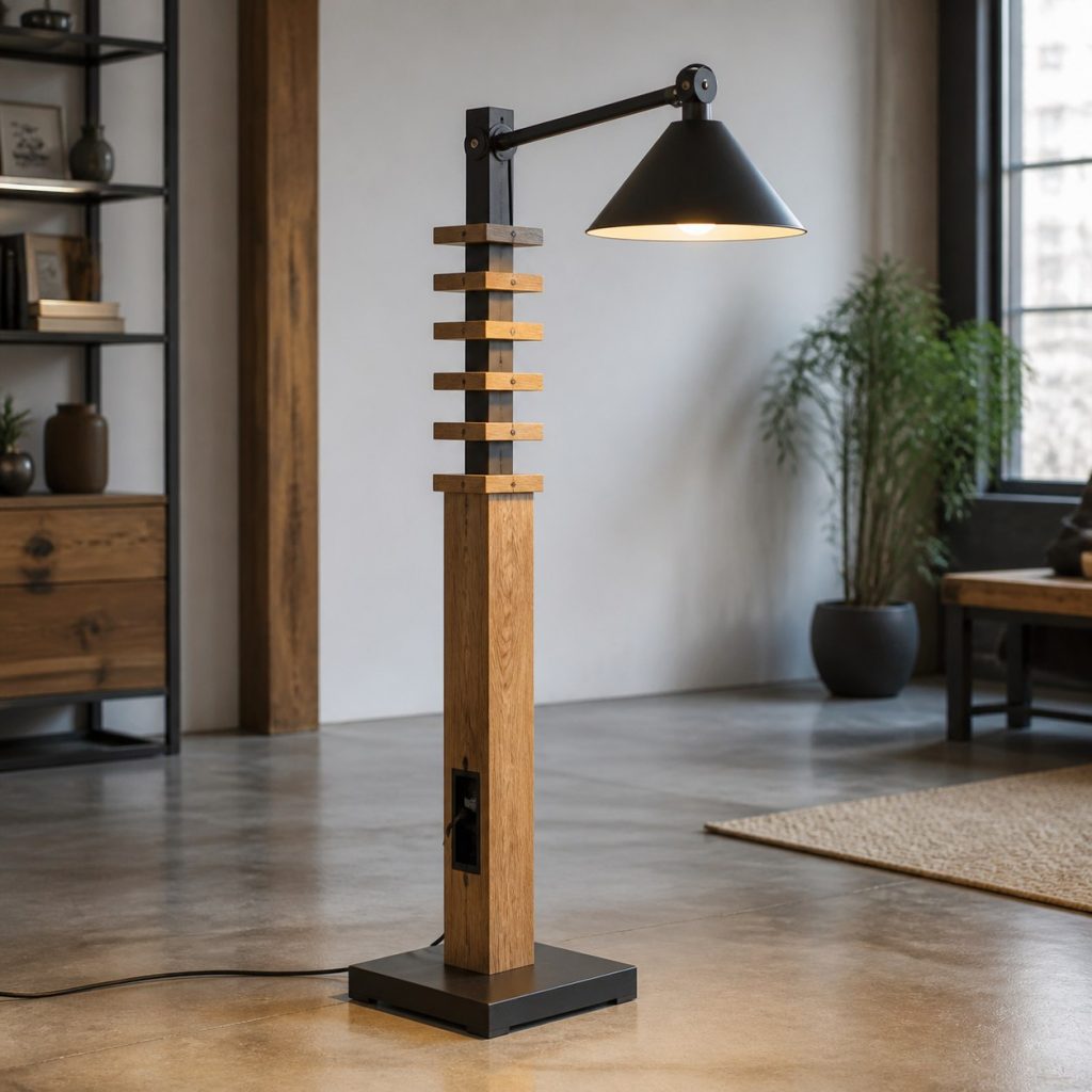 Cherry and Steel Tripod Lamp shown as an original square photorealistic industrial wooden lamp with real wood grain, warm LED light, and physically plausible support