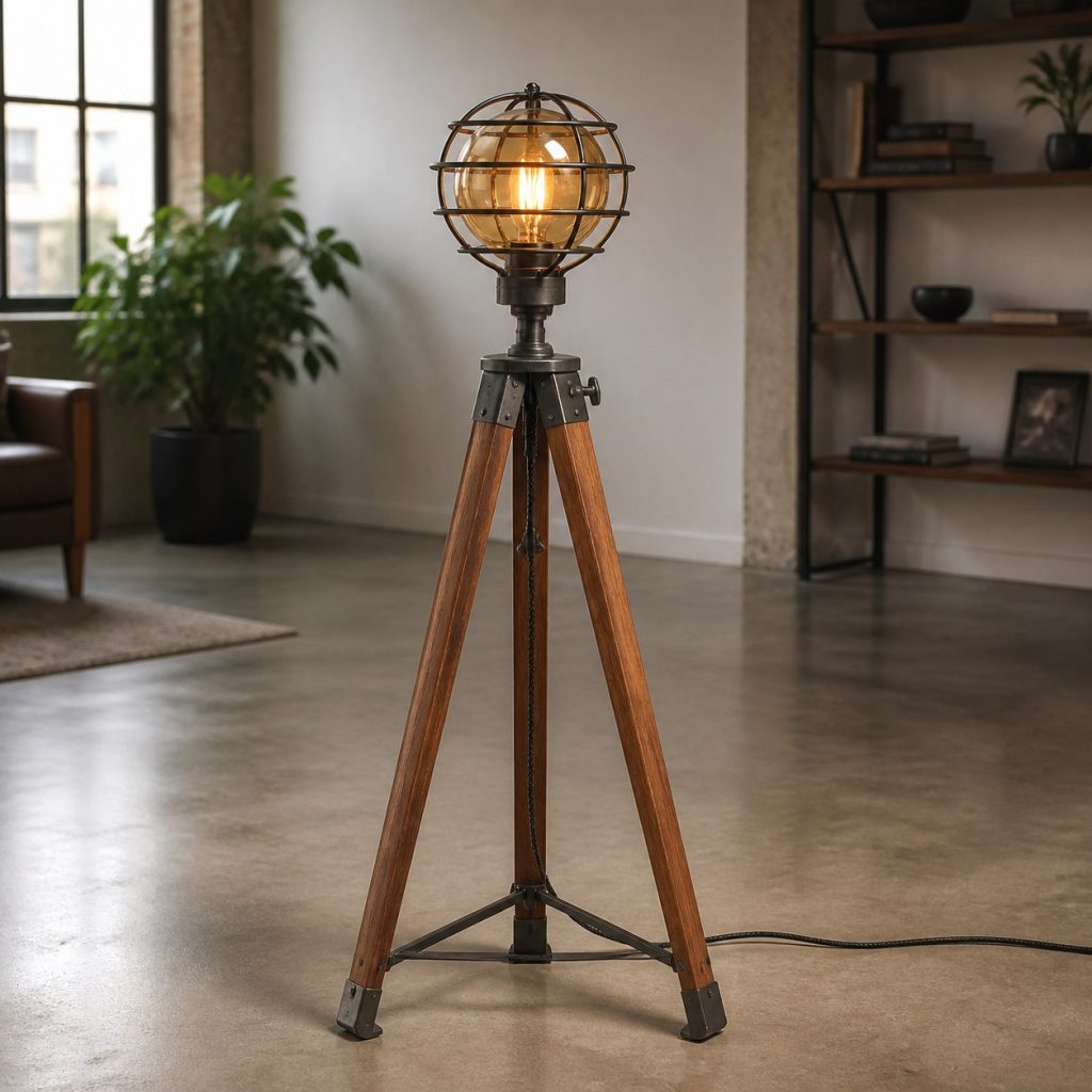Oak and Black-Steel Column Lamp shown as an original square photorealistic industrial wooden lamp with real wood grain, warm LED light, and physically plausible support