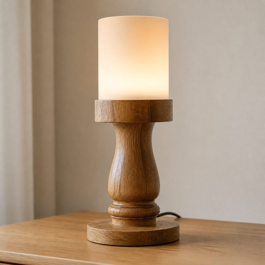 Iroko Turned Bedside Lamp shown as an original square photorealistic iroko wood lamp with authentic grain, warm diffused light, and a short dark power cord