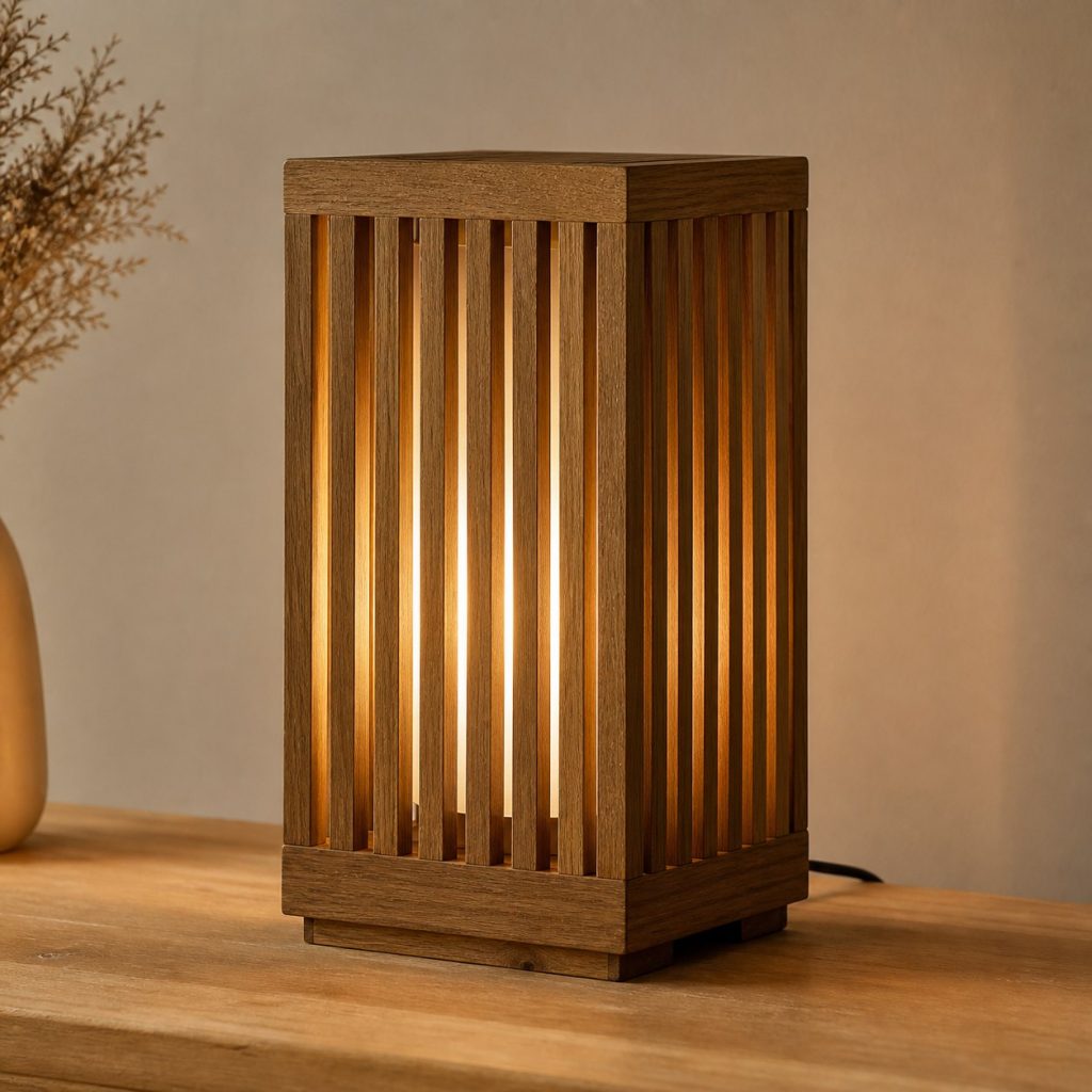 Iroko Slatted Lantern Lamp shown as an original square photorealistic iroko wood lamp with authentic grain, warm diffused light, and a short dark power cord