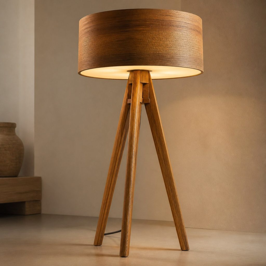 Iroko Tripod Reading Lamp shown as an original square photorealistic iroko wood lamp with authentic grain, warm diffused light, and a short dark power cord