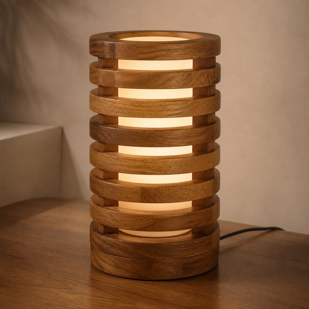 Iroko Stacked Ring Lamp shown as an original square photorealistic iroko wood lamp with authentic grain, warm diffused light, and a short dark power cord