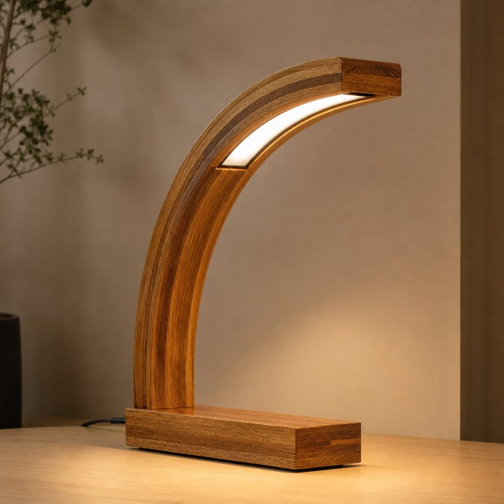 Iroko Laminated Arch Lamp shown as an original square photorealistic iroko wood lamp with authentic grain, warm diffused light, and a short dark power cord