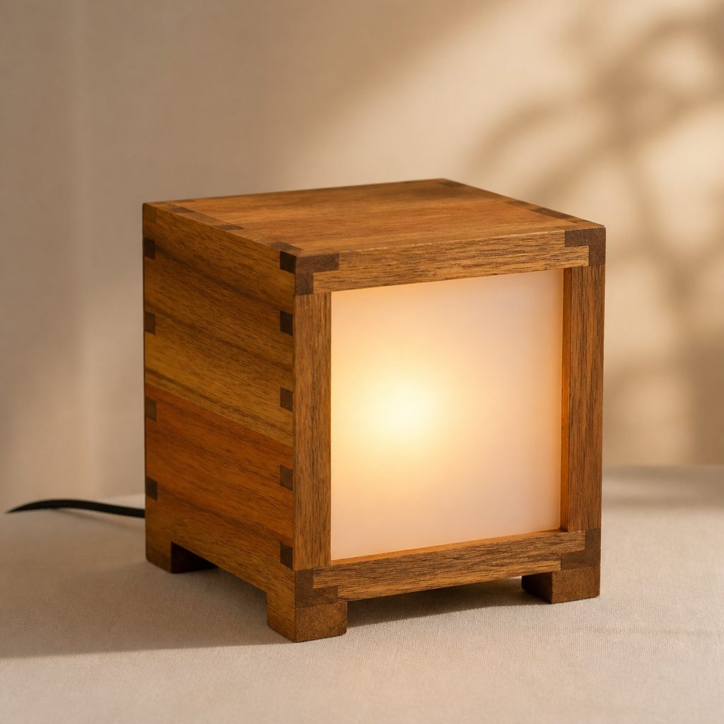 Iroko Box-Jointed Cube Lamp shown as an original square photorealistic iroko wood lamp with authentic grain, warm diffused light, and a short dark power cord