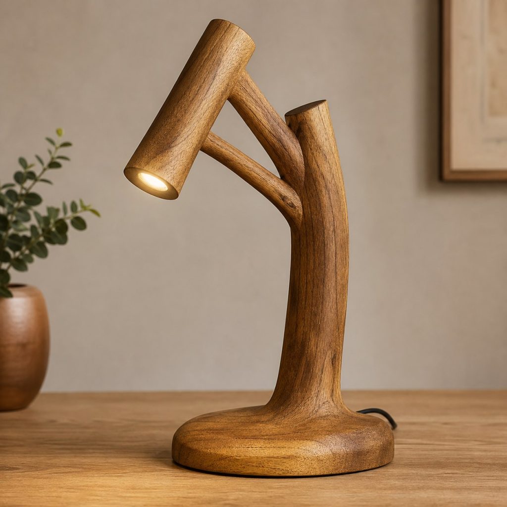 Iroko Branch Reading Lamp shown as an original square photorealistic iroko wood lamp with authentic grain, warm diffused light, and a short dark power cord