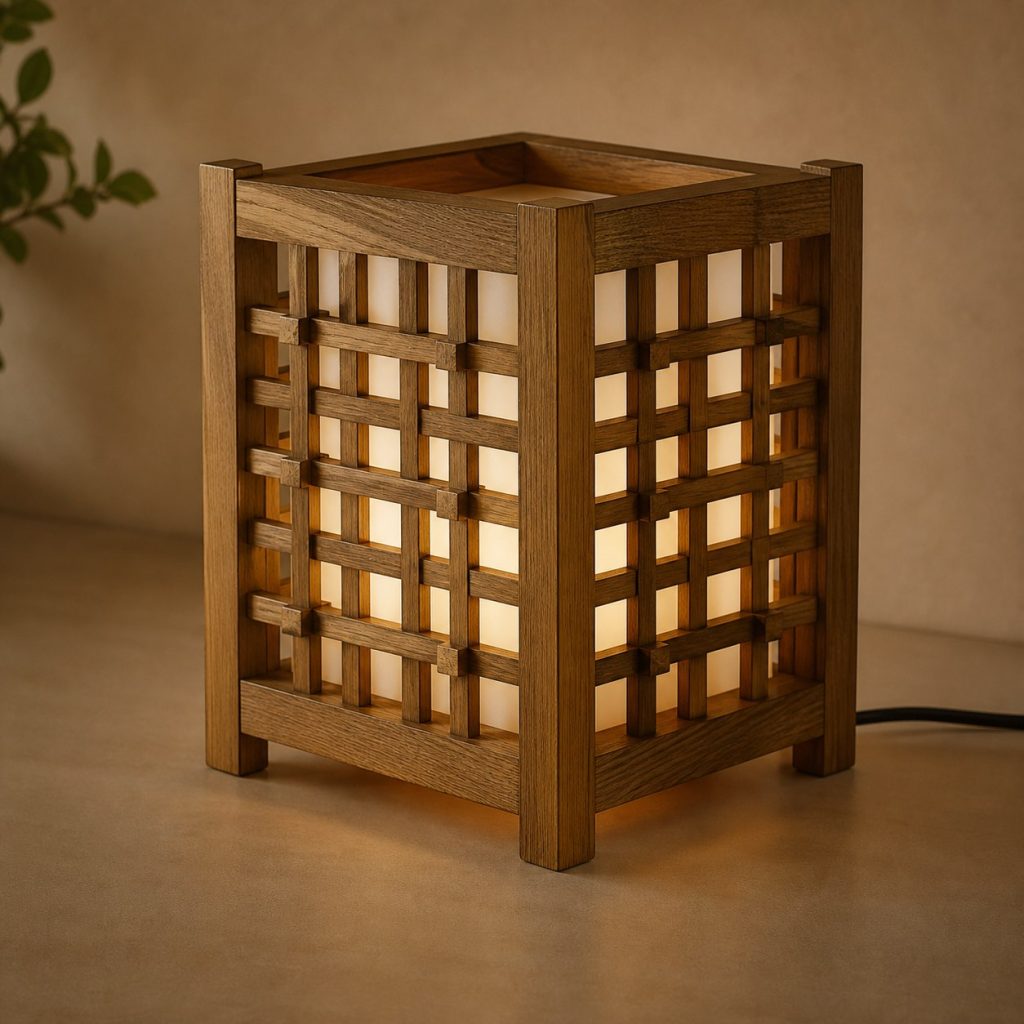 Iroko Lattice Lamp shown as an original square photorealistic iroko wood lamp with authentic grain, warm diffused light, and a short dark power cord