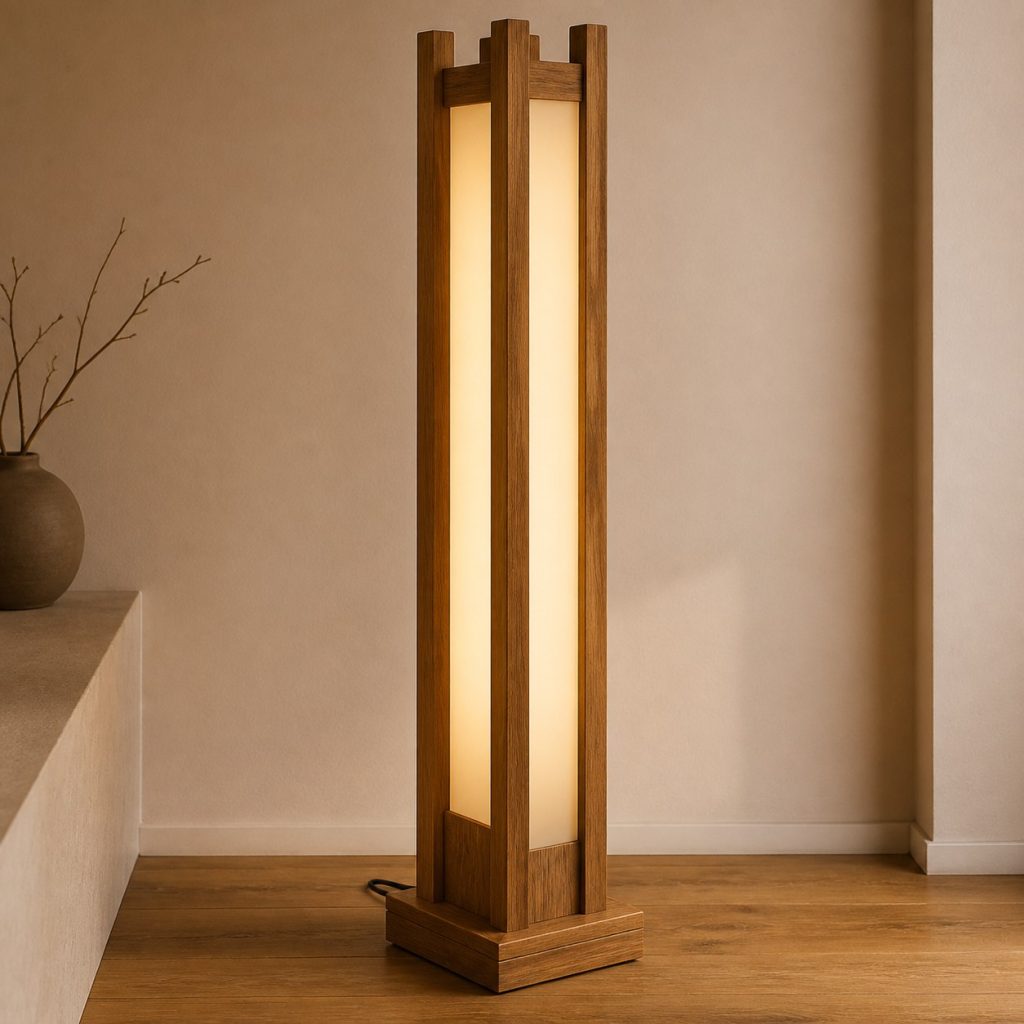 Iroko Column Floor Lamp shown as an original square photorealistic iroko wood lamp with authentic grain, warm diffused light, and a short dark power cord