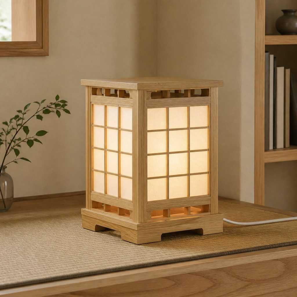 Shoji-Inspired White-Oak Lantern shown as a square photorealistic original Japanese-inspired wooden lamp with warm LED light and visible real wood grain