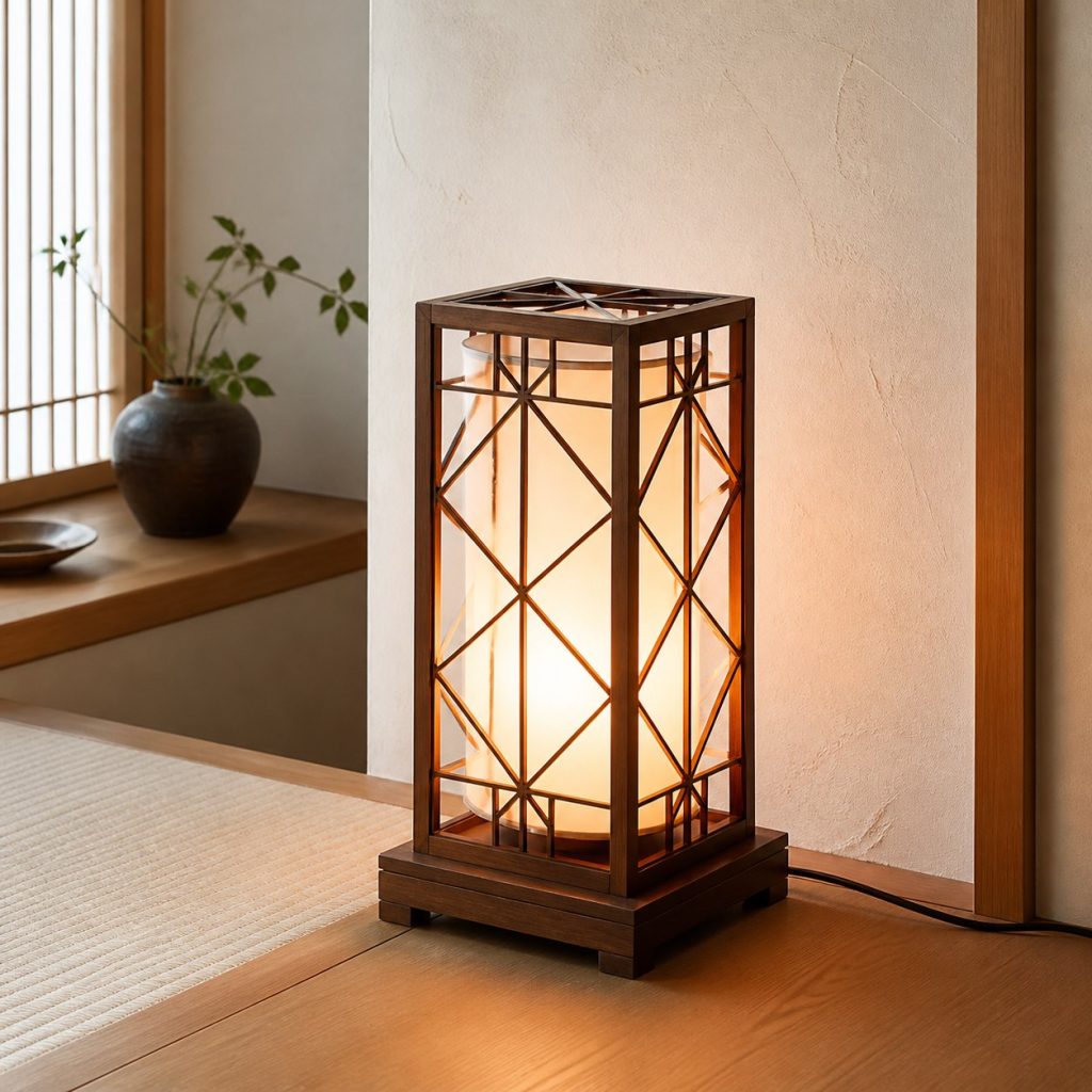 Kumiko-Inspired Walnut Lamp shown as a square photorealistic original Japanese-inspired wooden lamp with warm LED light and visible real wood grain